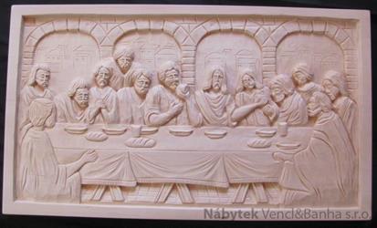 dřevěná dekorace, dřevěný ručně vyřezávaný obraz s motivem „Poslední večeře páně“