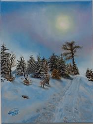 Ručně malovaný obraz na plátně krajina Zimní cesta v lese