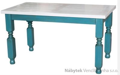 dřevěný rustikální stylový jídelní stůl z masivního dřeva borovice Mexicana MES03 bíla/modrá frézované nohy euromeb