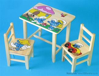 dětský stoleček a židličky z borovice Šmoulové W5 1S+2K+1T mixdre