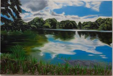 Ručně malovaný obraz na plátně krajina Voda, jezero, les